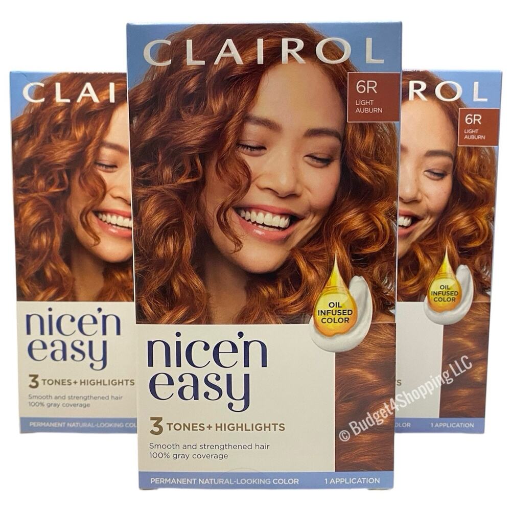 Clairol Nice'n Easy Permanent Hair Dye 6R Light Auburn Hair Color, Pack of 3
